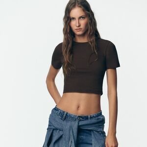 ZARA Black Ribbed Crop Top Short Sleeve